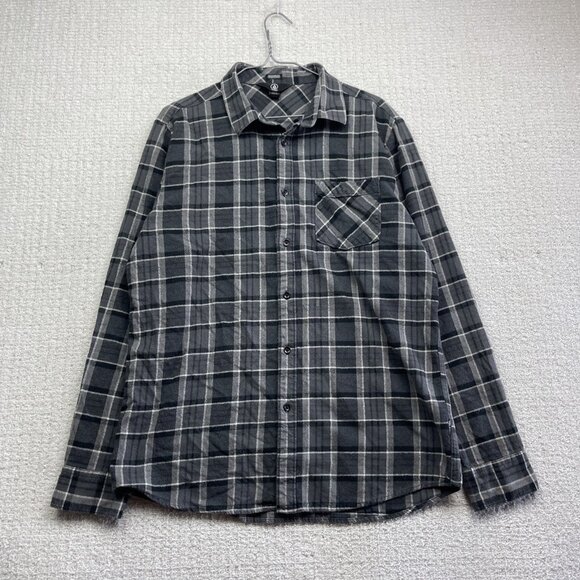 Y2K Volcom Black Modern Fit Plaid Flannel Button Up Shirt Men’s Size XL Skate - Picture 1 of 15
